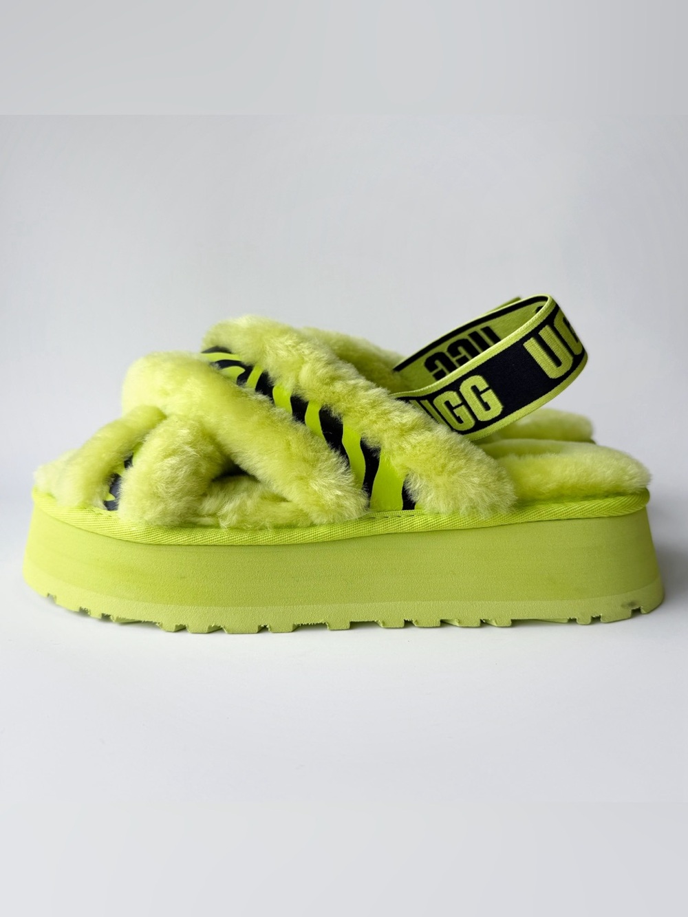 Ugh Disco Cross Slide Animalia Womens 8 Lime Green Fuzzy Sandals Shoes
